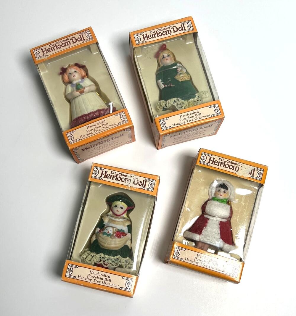 4 Vtg 80s Jasco L'il Chimers Christmas Ornament Bells Heirloom Dolls Porcelain